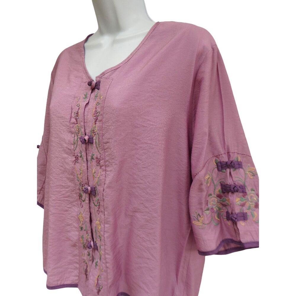 Embroidered Cotton Linen Vintage Styled Cheongsam Blouse Floral Purple Ethnic XL